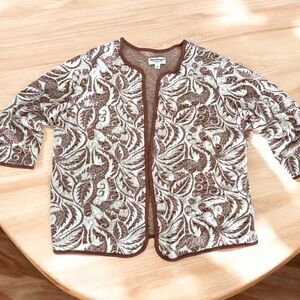 Norm Thompson Womens Sweater Cardigan Womens 1X Floral Open Front Tan